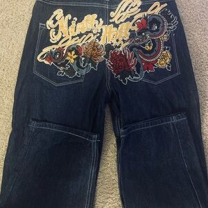 Embroidered Dragon Denim Jeans